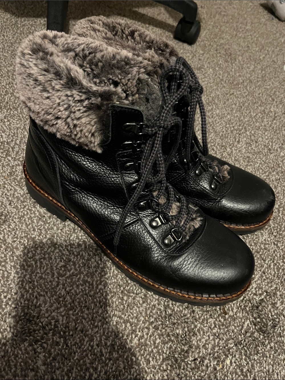 Avellini Made in Portugal Leather Black Faux Fur–Trim Winter Lace-Up Boots SZ 41